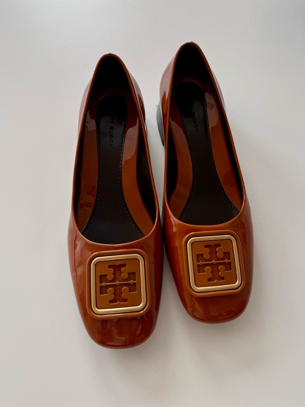Tory Burch Cognac Patent Leather Logo Square-Toe Flats